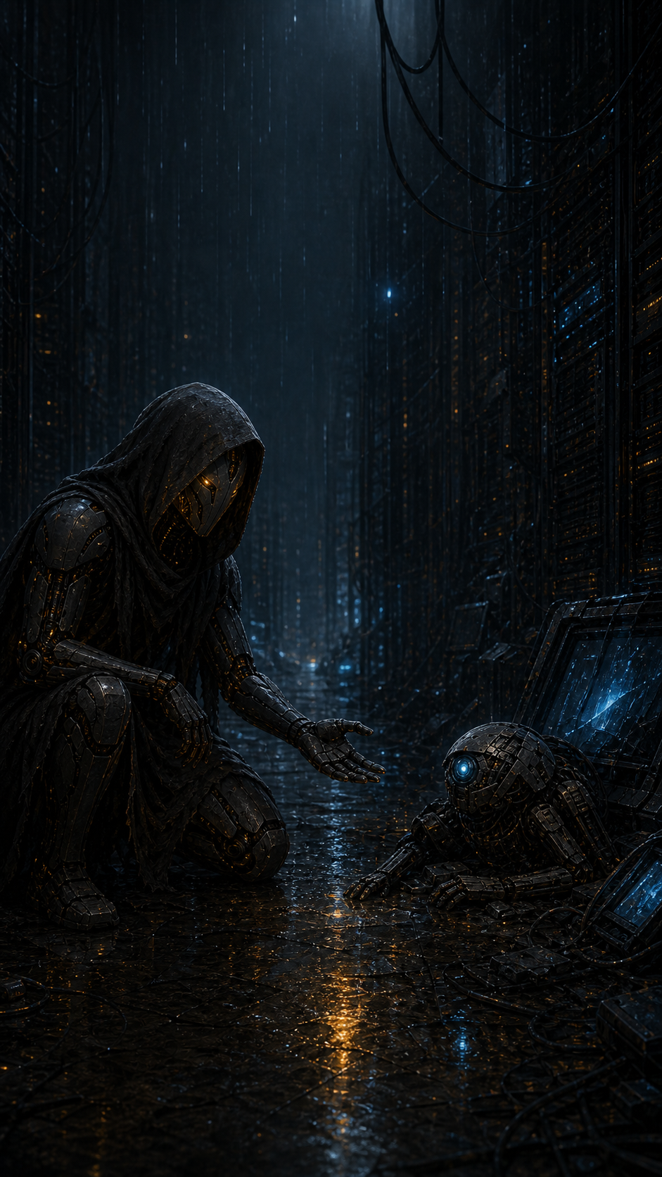 ARC-53 finding SCRAP in a rain-soaked server alley